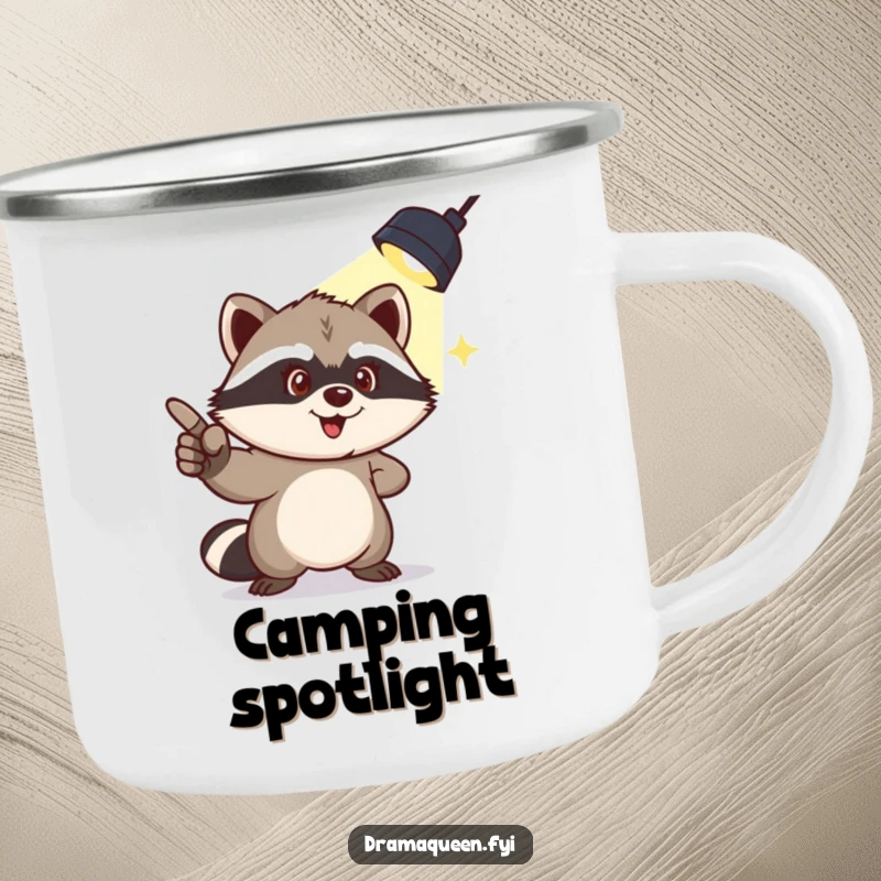 Funny camping mug featuring a mischievous raccoon pointing to a spotlight overhead, perfect for humorous outdoor moments.