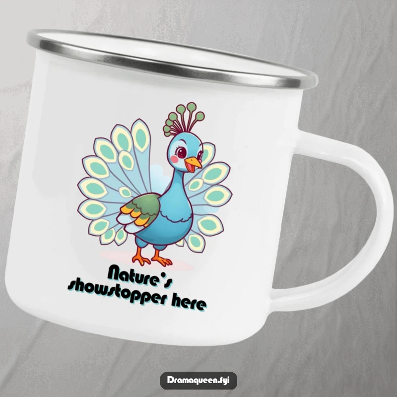 Funny camping mug with a regal peacock fanning its tail feathers with a cheerful grin, designed for outdoor enthusiasts who enjoy humor.