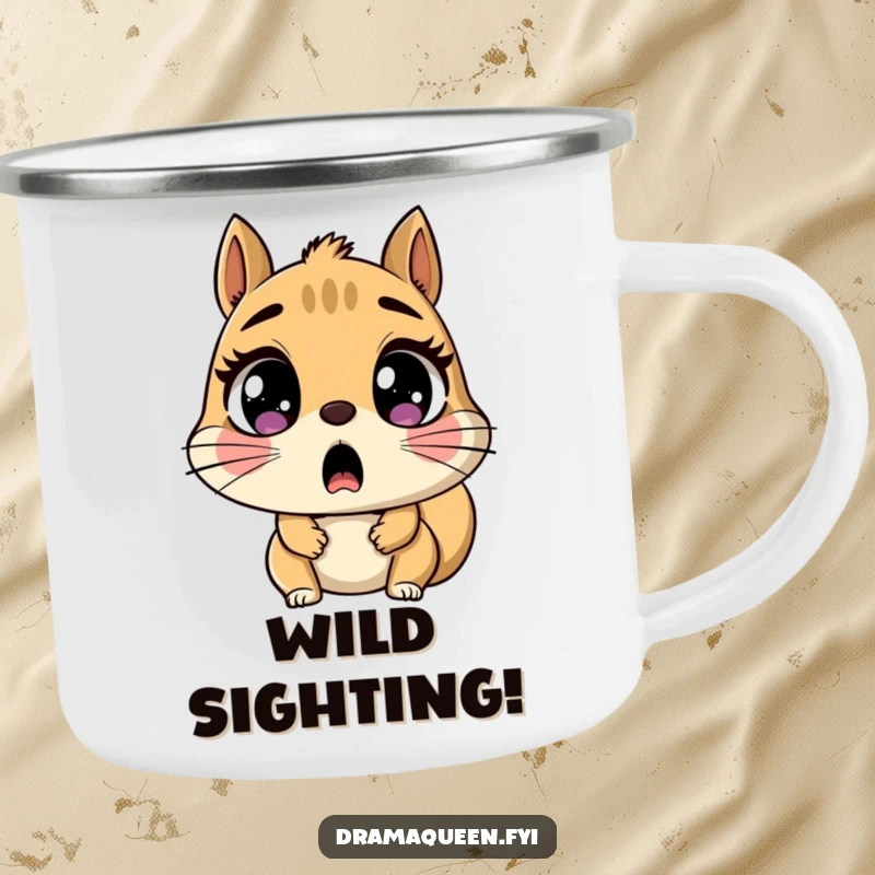 Funny Camping Mug showing a shocked squirrel character with wide eyes gasping, designed for outdoor use with a humorous, expressive theme.