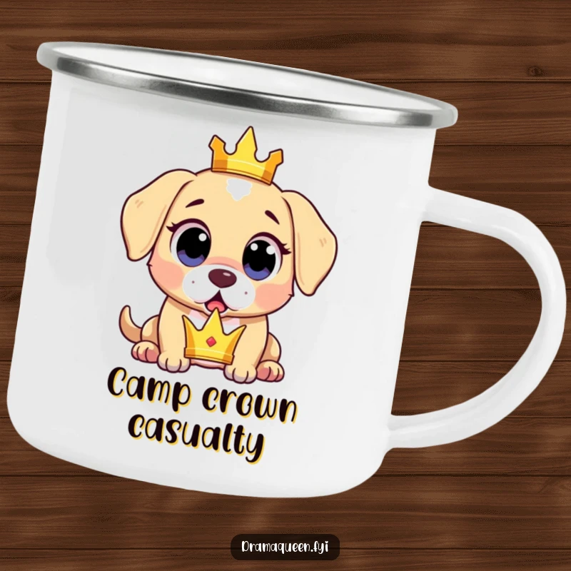 Funny surprised puppy camping mug showing a puppy dropping a tiny crown with wide, expressive, shocked eyes, durable for adventures.