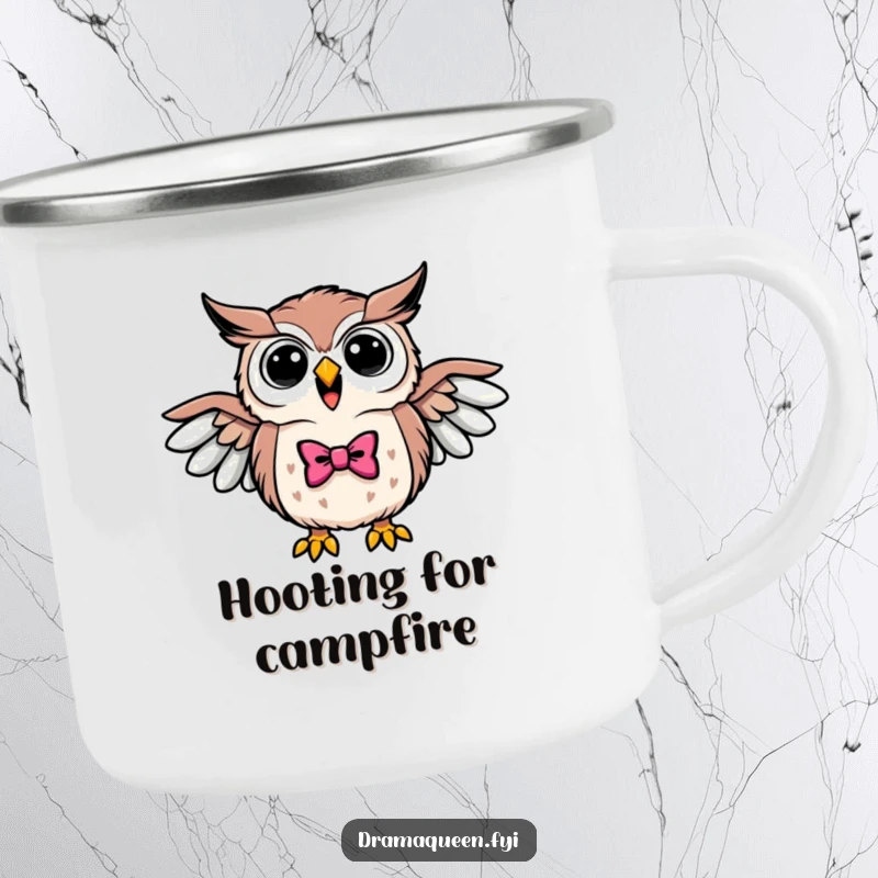 Funny camping mug with a triumphant owl wearing a bowtie, hooting loudly with wings outstretched, ready for outdoor wisdom.