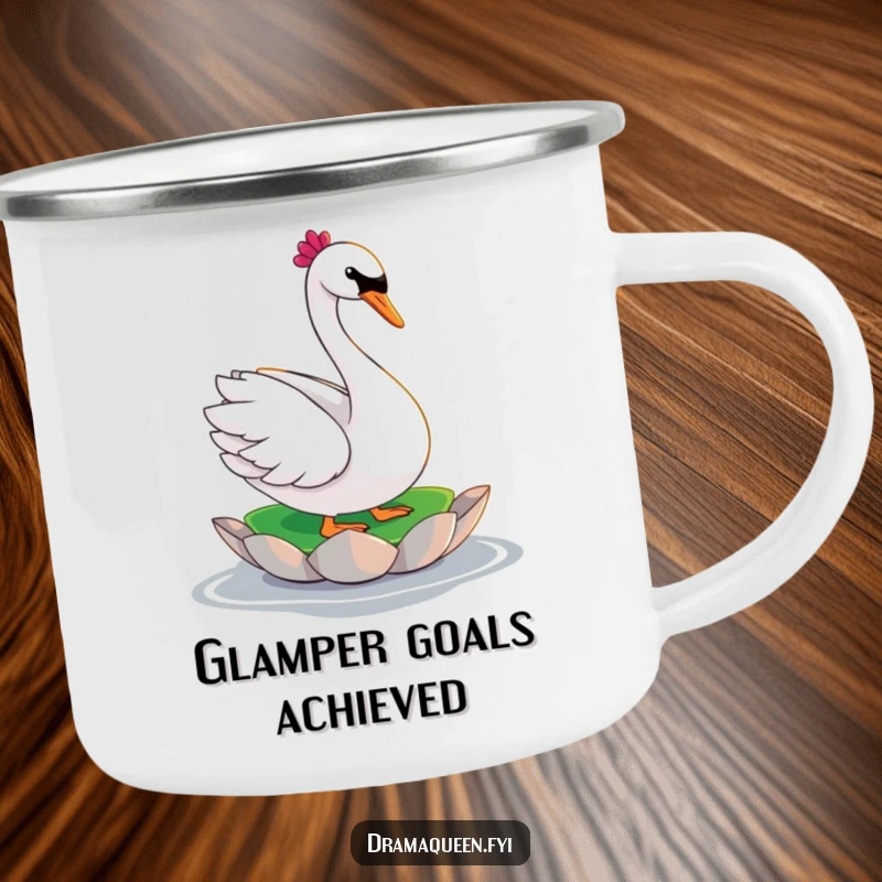 Funny swan camping mug with a glamorous character in a dramatic pose on a lily pad, designed for outdoor elegance and humor.