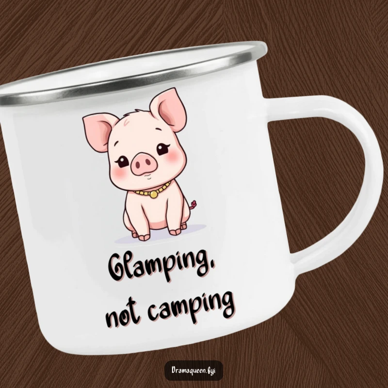 Funny Piglet Necklace Camping Mug: Sturdy mug with a playful piglet wearing a necklace, seeking attention, for outdoor use.