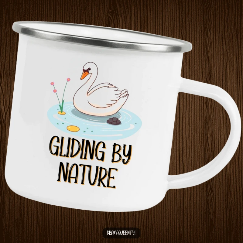 Funny camping mug featuring a sassy swan character gliding elegantly on a tiny pond, perfect for humorous outdoor adventures.