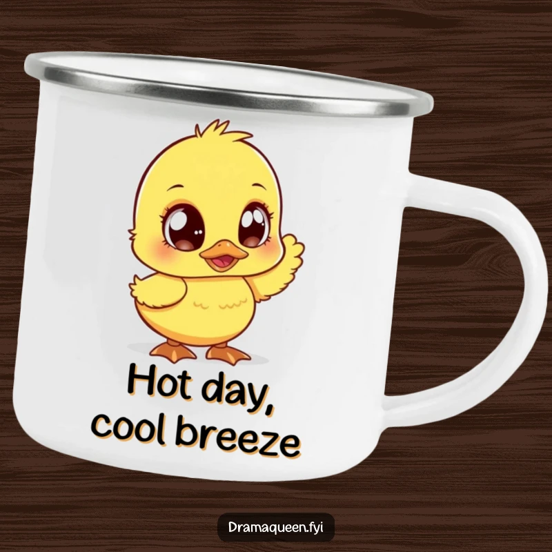 Funny duckling camping mug, large sparkly eyes, fanning dramatically. A durable and humorous mug for outdoor adventures. Great.