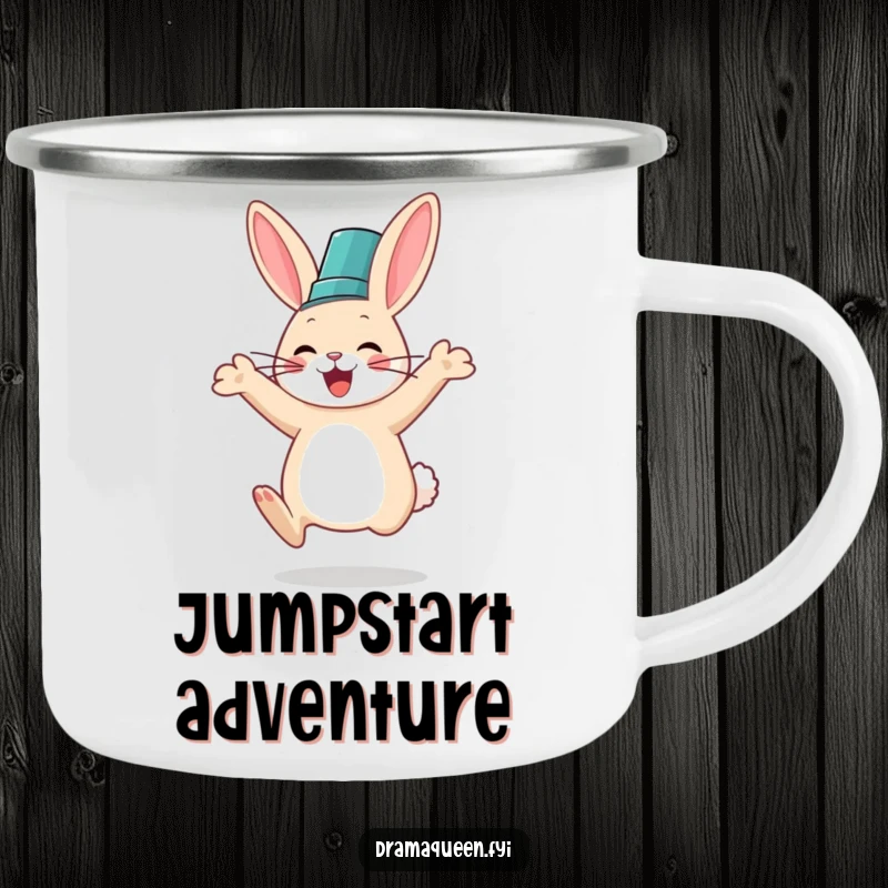 Funny camping mug featuring a rabbit in a fancy hat leaping with glee, bringing humor and happiness to outdoor excursions.