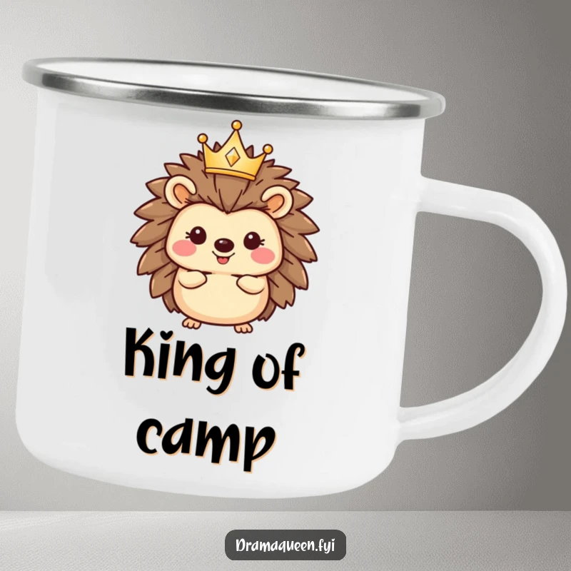 Funny hedgehog camping mug with a happy character wearing a tiny, sparkling crown, designed for outdoor enjoyment with a regal, humorous touch.
