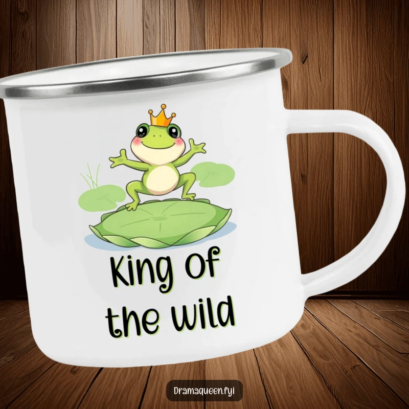 Funny frog king camping mug, smiling frog wearing a crown leaping onto a giant lily pad. Durable and regal outdoors. Great.
