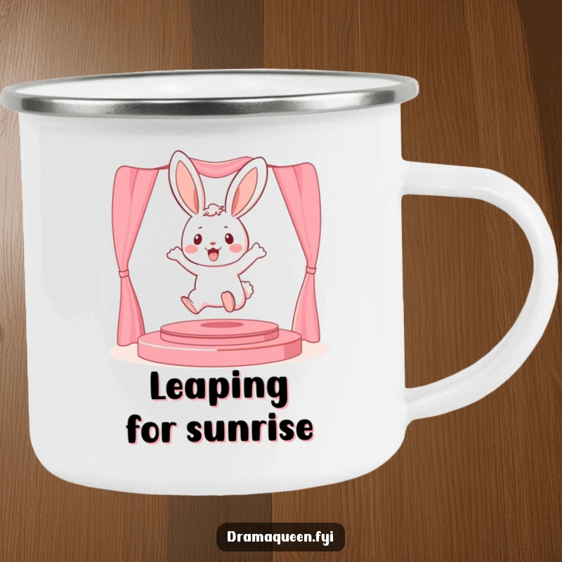 Funny playful bunny character leaping onto a miniature stage on a camping mug, embodying performance for outdoor fun.