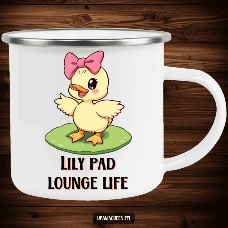 Funny diva duckling camping mug showing a delighted duckling with a giant bow striking a pose on a lily pad, durable.