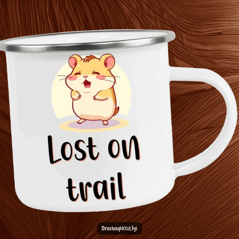 Funny Camping Mug showing a flustered hamster character spinning in a spotlight, designed for outdoor use with a humorous, chaotic theme.