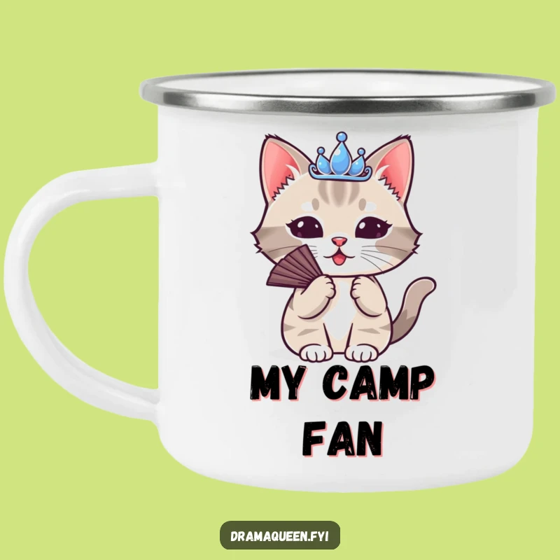 Funny Cat Tiara Camping Mug: Dramatic Feline Adventures in Humorous Style