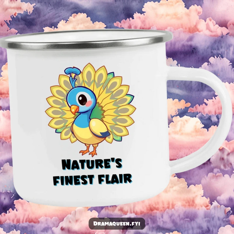 Funny Camping Mug: Rugged peacock fanning its dazzling tail feathers, perfect for outdoor, humorous sipping.