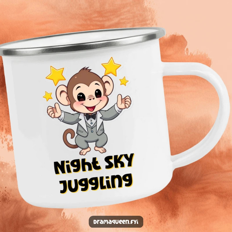 Funny camping mug featuring a monkey in a tuxedo juggling shining stars, bringing cosmic humor to outdoor activities.