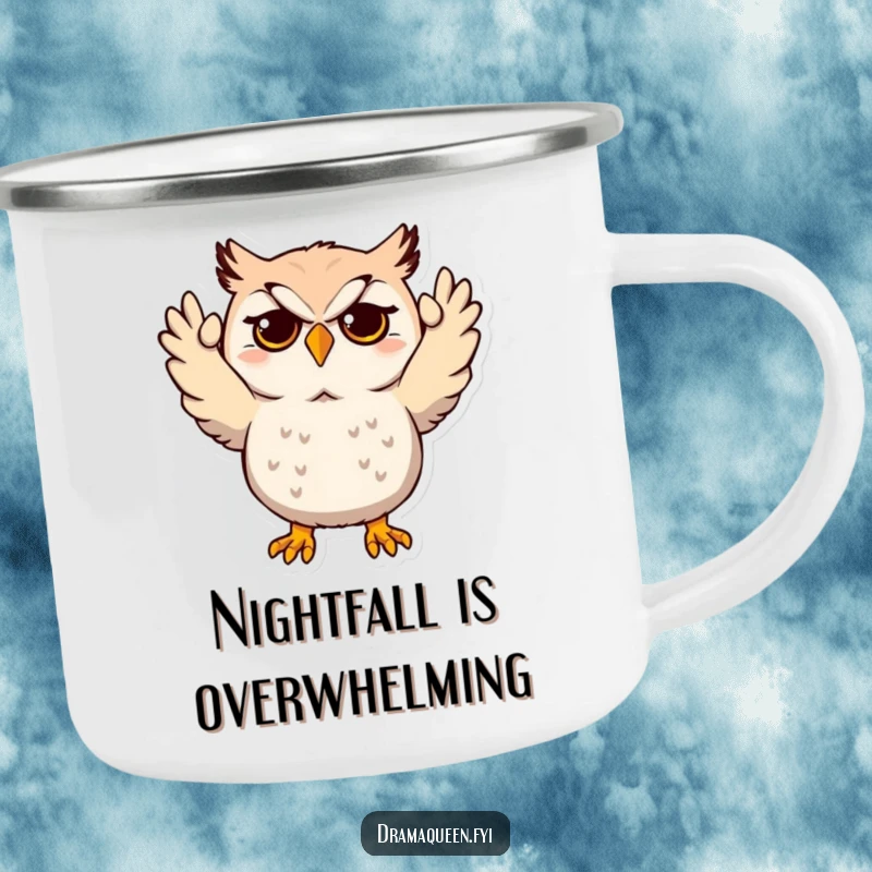 Funny Camping Mug featuring a dramatic owl character throwing its hands up in mock despair, ideal for outdoor use with humorous flair.