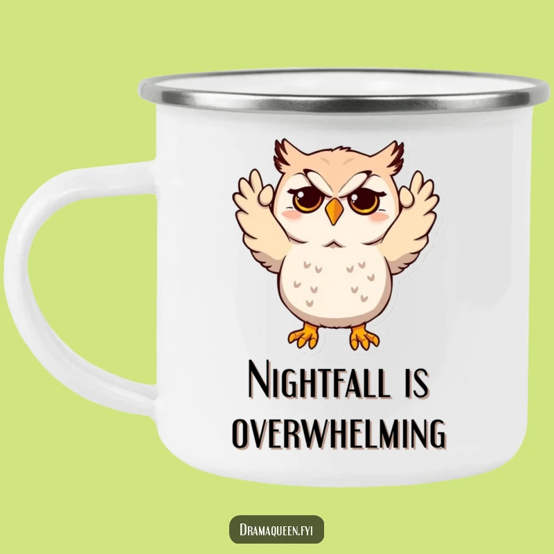 Funny Enamel Camping Mug: Dramatic Owl Mock Despair Outdoor Funny Gift