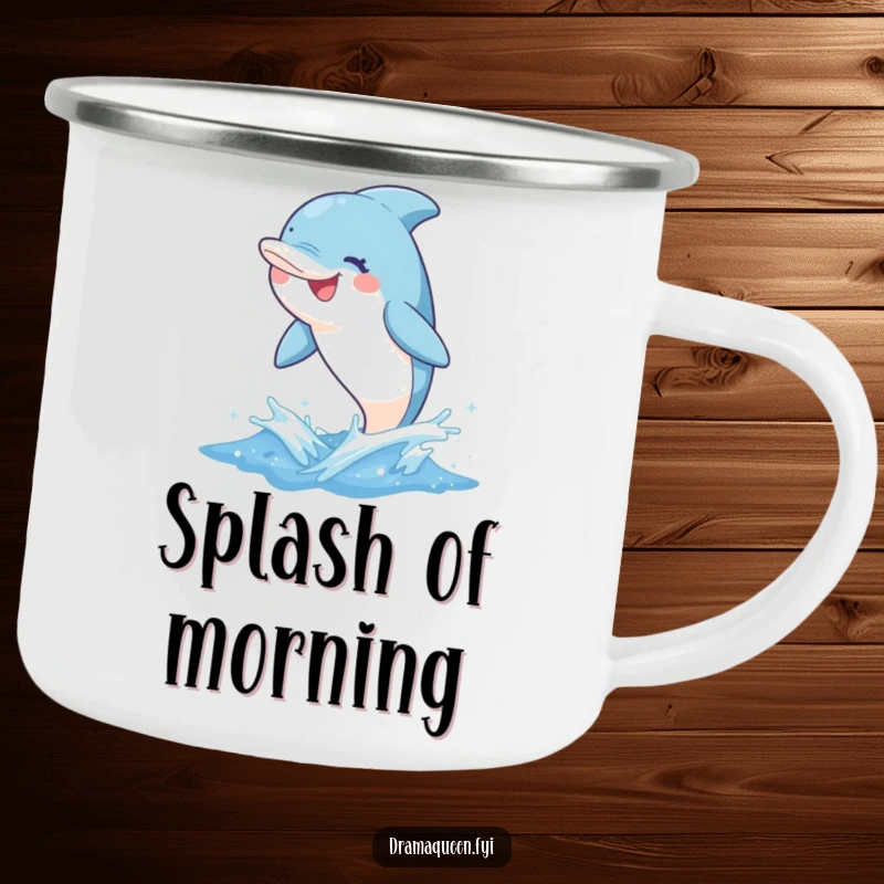 Funny dolphin camping mug with a delighted character leaping from a sparkly wave, designed for outdoor enjoyment with a whimsical grin.