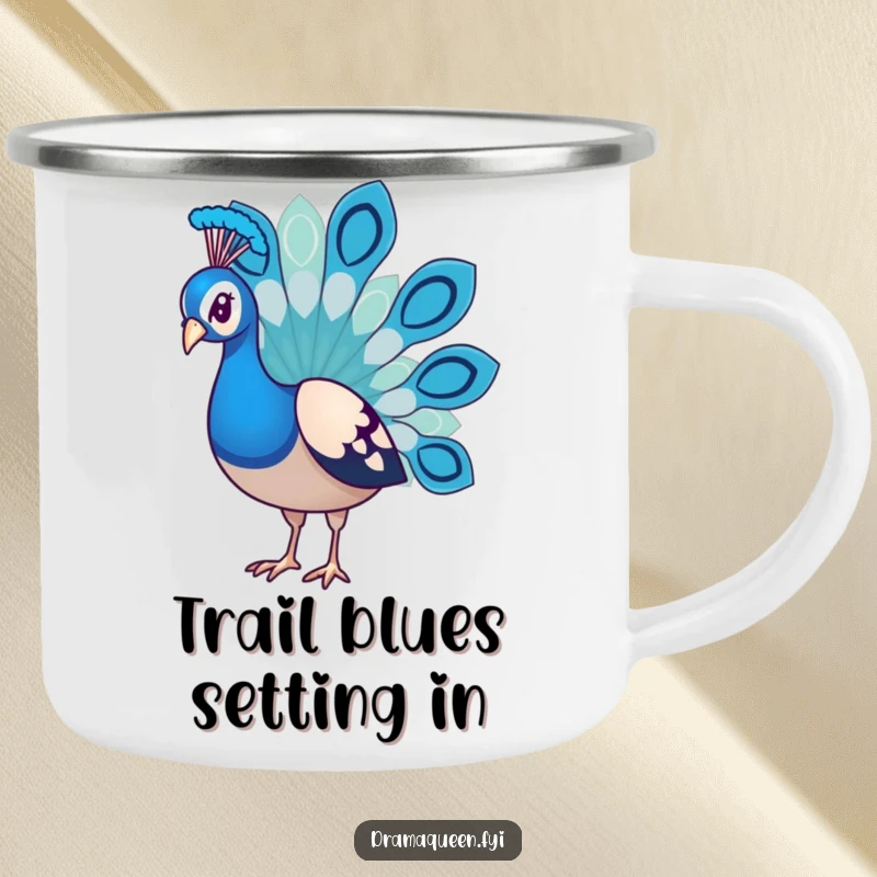 Funny Peacock Camping Mug showcasing a dejected bird with droopy feathers, ideal for outdoor humor and drinks.