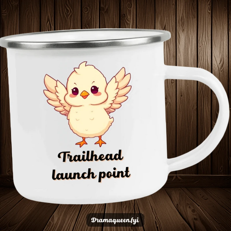 Funny Chick Take Flight Camping Mug showing a fluffy chick flapping wings, ideal for enjoying drinks during outdoor adventures with humor.