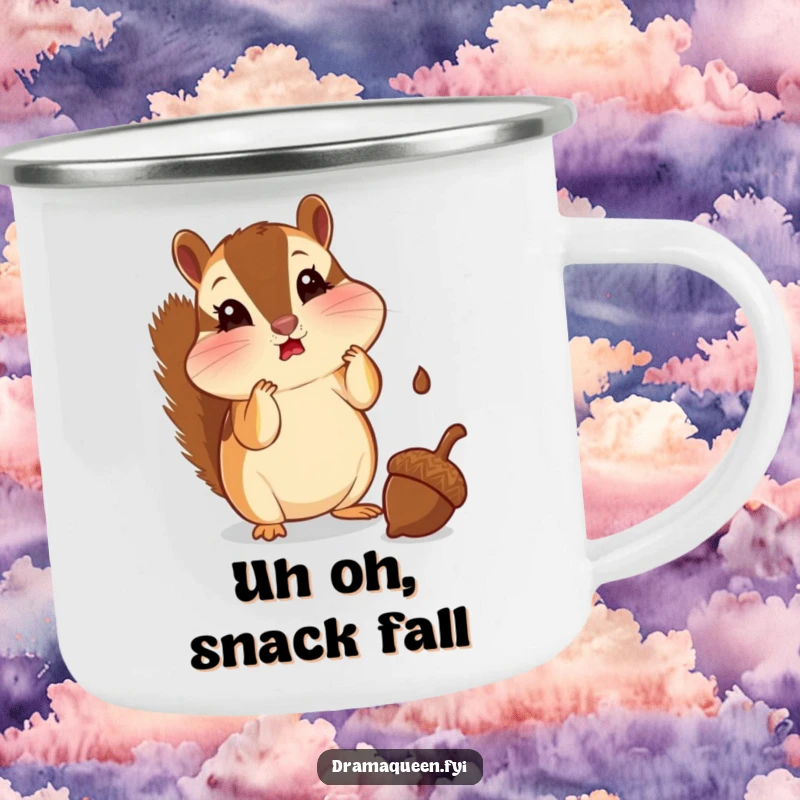 Funny chipmunk camping mug with puffed cheeks looking shocked at a falling acorn. Durable and humorous, perfect for outdoor trips.