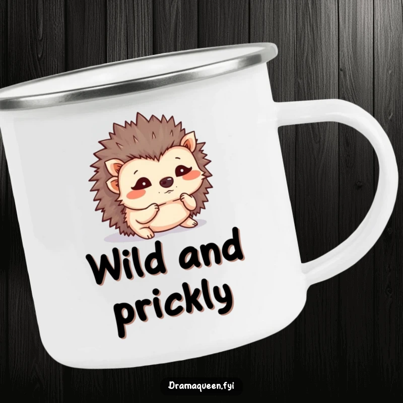 Funny hedgehog camping mug, tiny flustered hedgehog shaking its quills. Durable and humorous for outdoor escapades. Great.