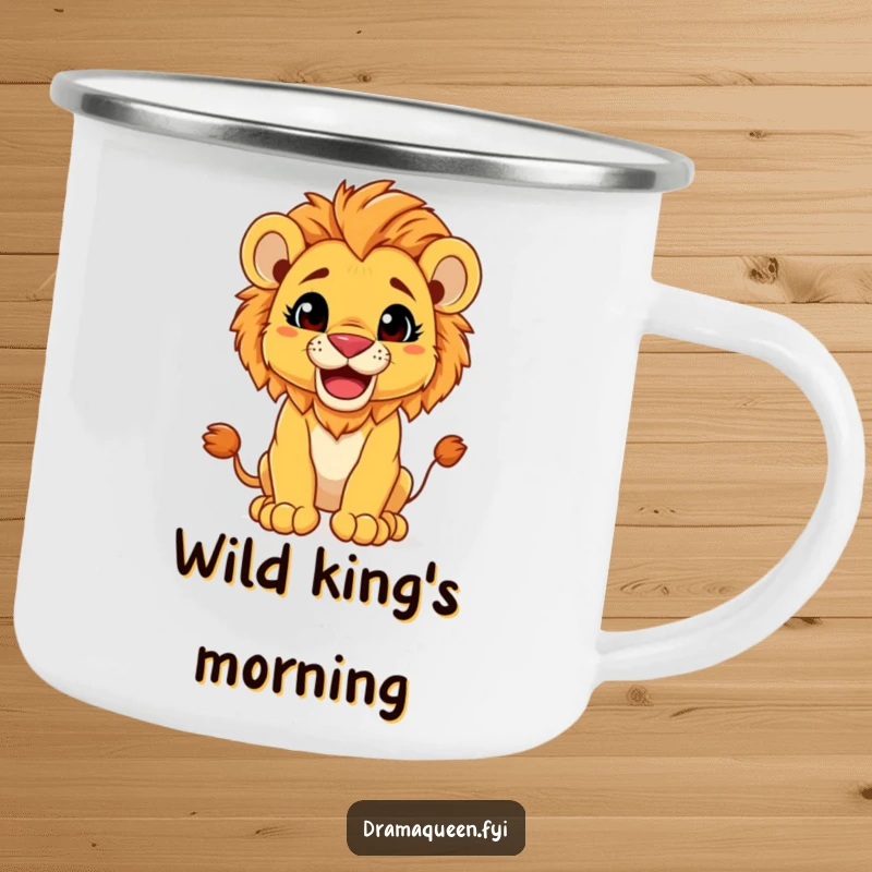 Funny Camping Mug: Majestic lion cub in a regal pose with a playful grin, perfect for campfire coffee.