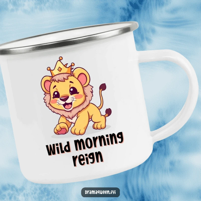 Funny camping mug featuring a lion cub in a crown playfully pouncing, bringing regal humor to outdoor activities.