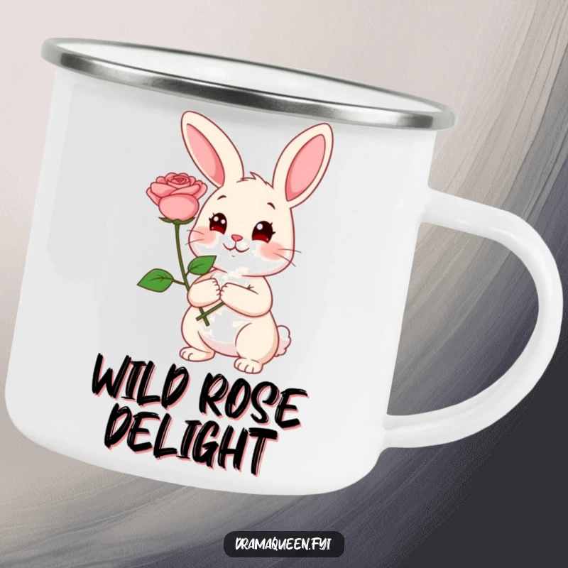 Funny Rabbit Camping Mug: Cheerful rabbit holding a rose with a coy expression, perfect for outdoor romance, funny gift.