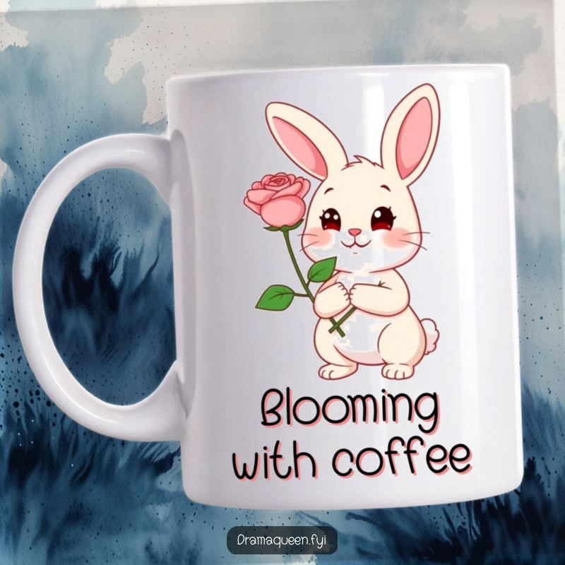 Funny Rabbit Mug: Cheerful rabbit holding a large rose with a coy expression, looking sweet and funny, a lovely funny gift.