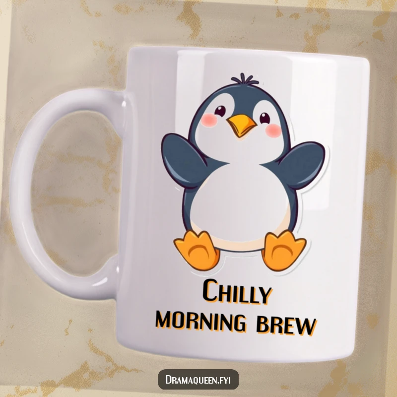 Funny penguin mug featuring a playful character dramatically striking a pose with flippers extended, ready for fun, ideal for coffee lovers.