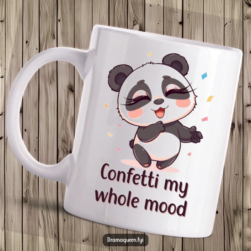 Funny Panda Mug: Playful panda with long eyelashes joyfully throws confetti with exaggerated flair, perfect for a fun party gift.