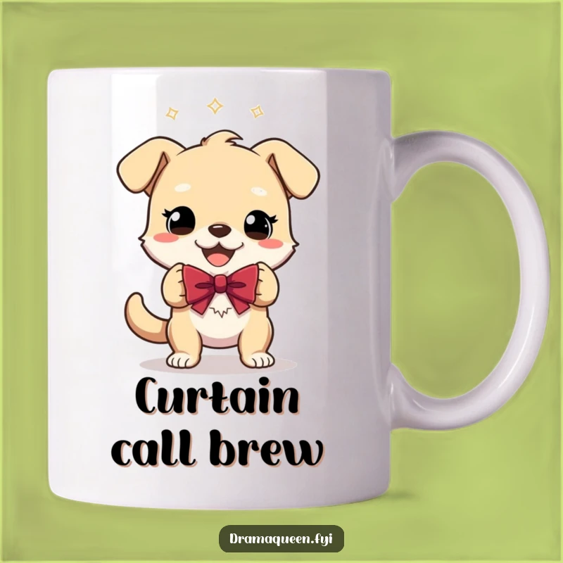 Funny Gleeful Dog Bow Mug: Theatrical Character Gift for Applause-worthy Mornings