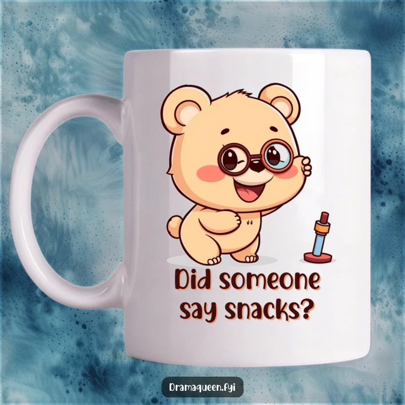 Funny mug showing a smiling bear cub wearing a monocle, pointing excitedly at a distant, intriguing object.