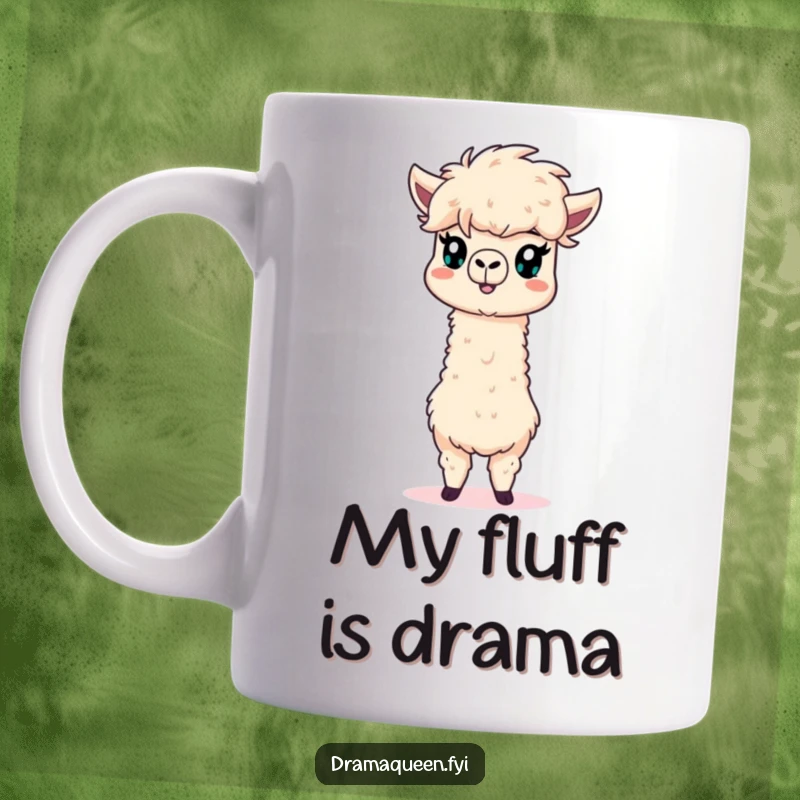 Funny alpaca mug with a fluffy mane striking a dramatic, sassy pose, ready for its stage debut.