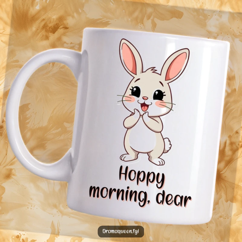 Funny bunny mug with a cheerful bunny character performing a dramatic curtsey with a flourish, embodying grace and humor.