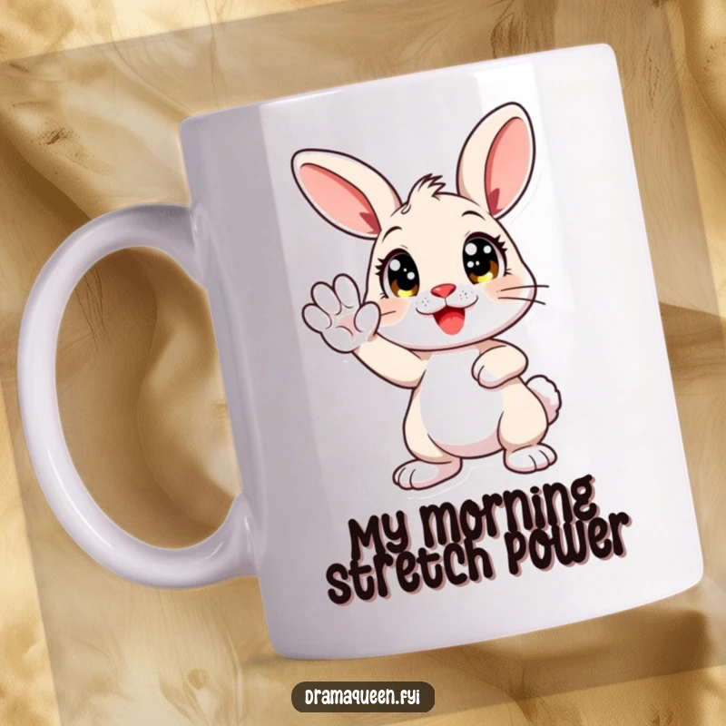 Funny mug featuring a cute bunny with wide eyes dramatically striking a pose with one paw held high in a hilarious gesture.