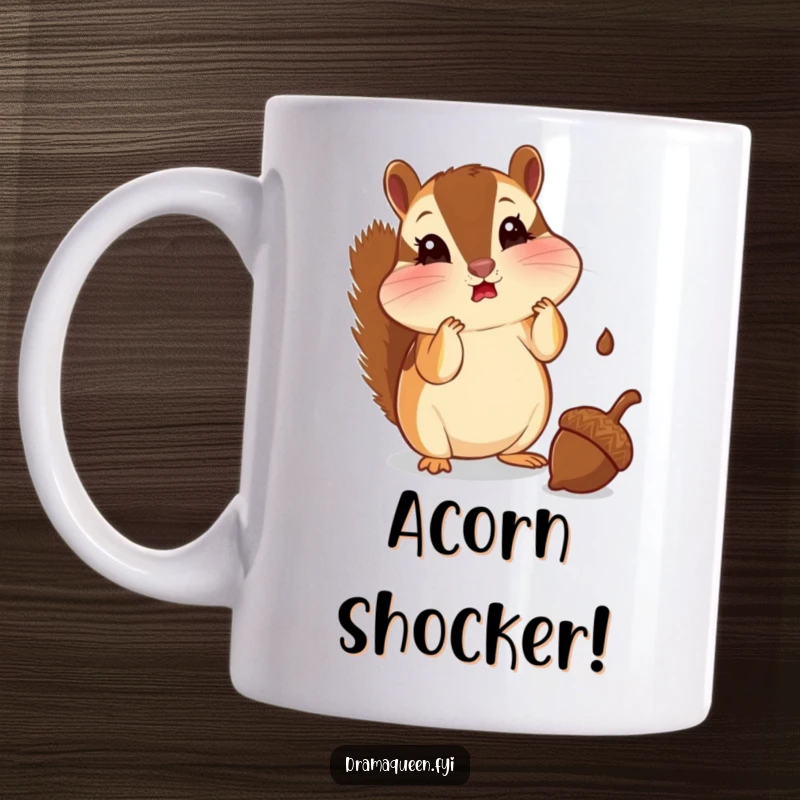 Funny chipmunk mug with puffed cheeks, looking shocked at a falling acorn. Expressive and humorous, perfect for gifting.