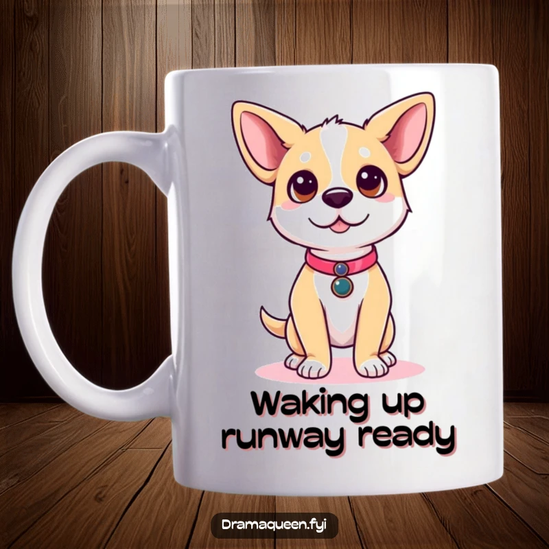 Funny dog mug with a cute dog character posing confidently on a runway, ears perked, showcasing high fashion humor.