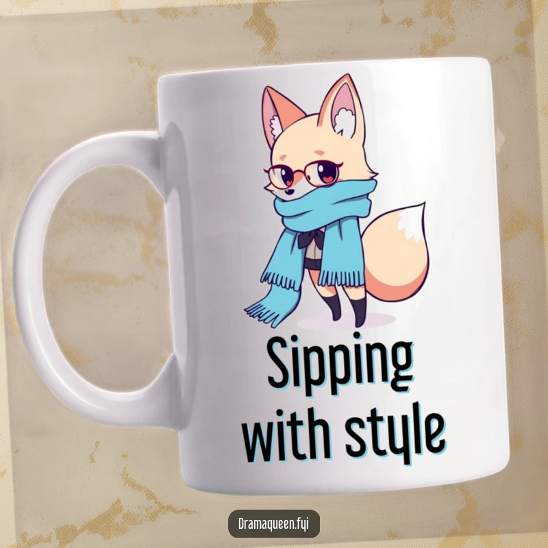 Funny Fashion Fox Scarf Mug: A stylish fox poses with a flowing scarf, embodying chic humor, a perfect funny gift.