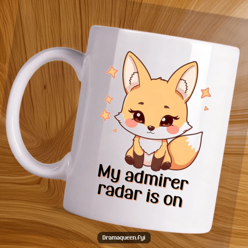Funny Fox Mug showing a coy character batting its eyelashes playfully at unseen admirers, exuding charm and humor.