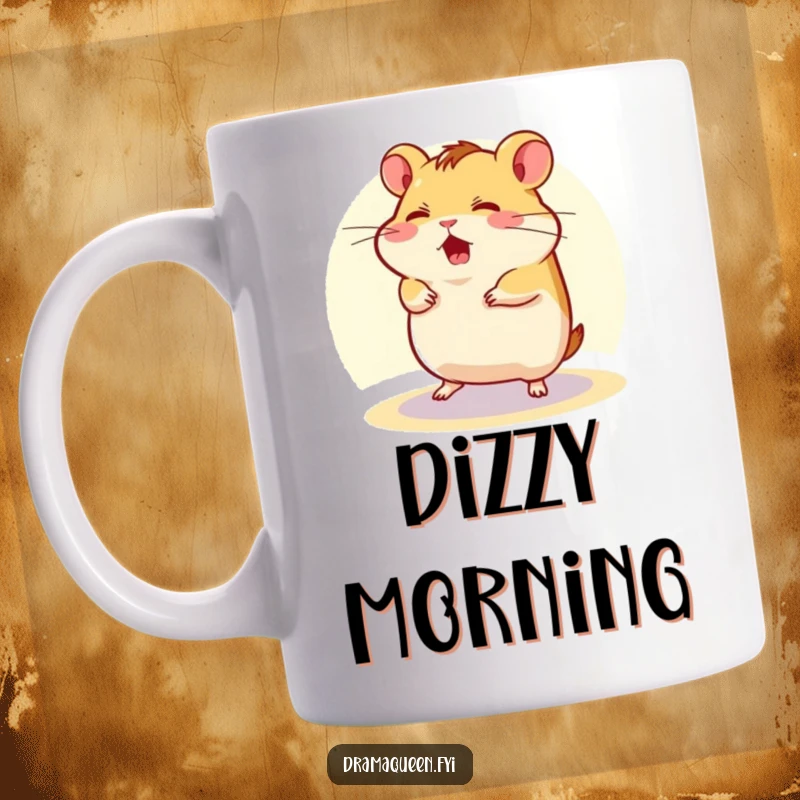 Funny Mug showing a flustered hamster character spinning comically in a tiny spotlight, capturing a moment of adorable panic.