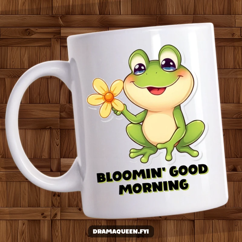 Funny frog mug with a goofy smile, posing dramatically with a flower. Joyful and humorous, perfect for gifting.