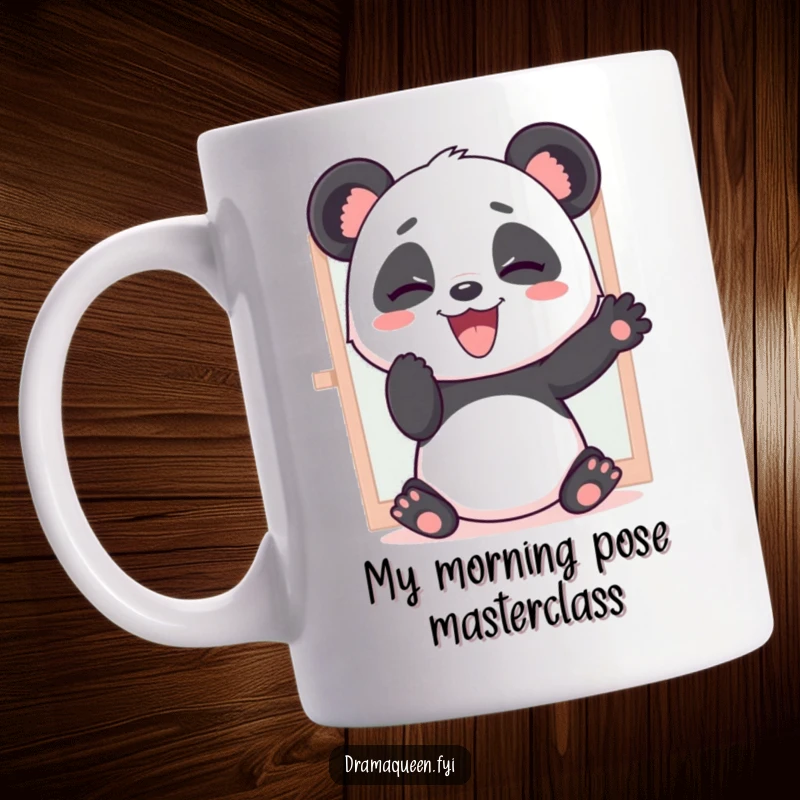 Funny mug featuring a giggling panda striking dramatic poses in a mirror, showcasing its hilarious personality and love for performance.