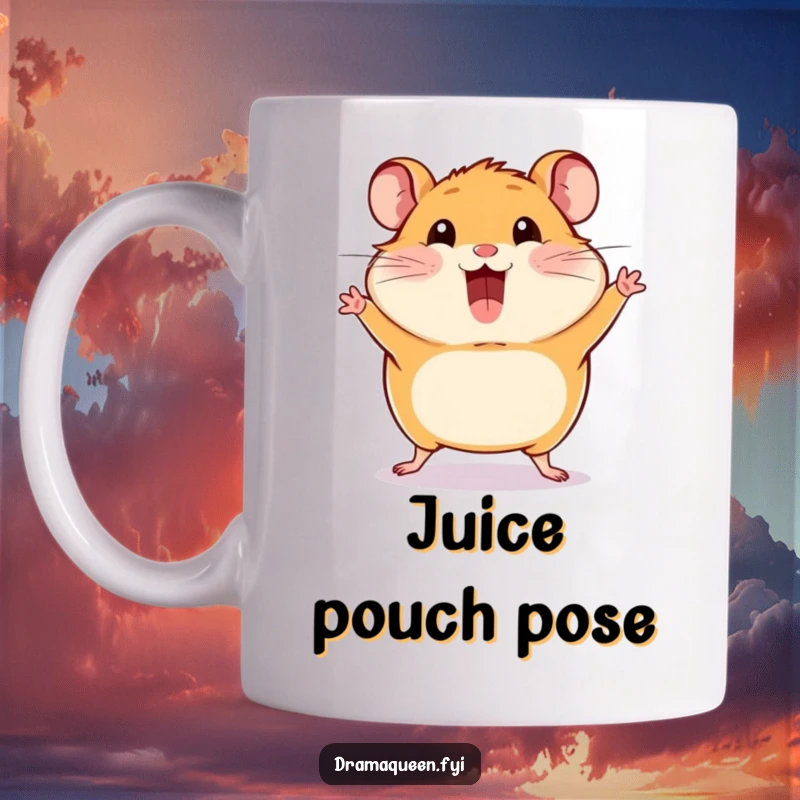 Funny Hamster Pose Mug: A happy hamster striking a dramatic pose with cheeks puffed out, looking comically full.