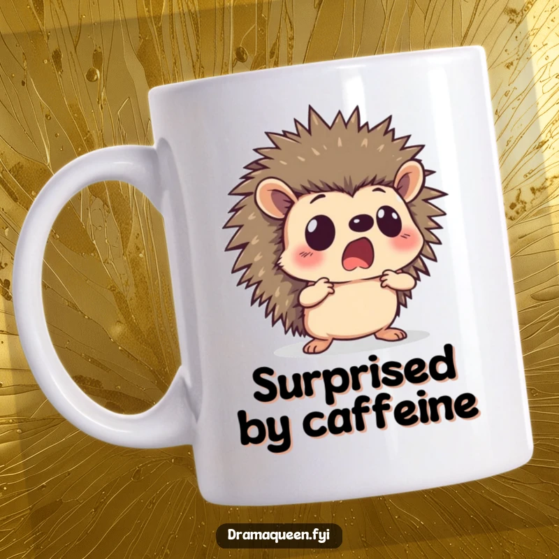 Funny hedgehog mug featuring a curious character with a shocked face, striking a dramatic pose in surprise, ideal for coffee drinkers.