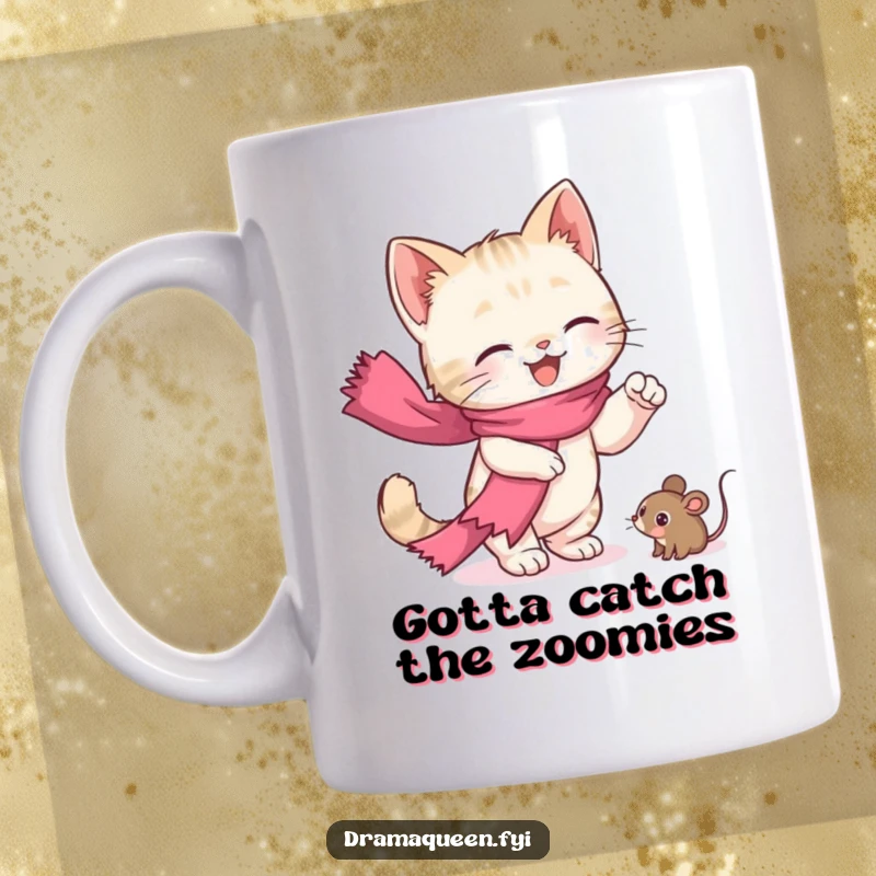 Funny kitten mug featuring a cute cat in a pink scarf dramatically reaching for a toy mouse, embodying playful mischief.