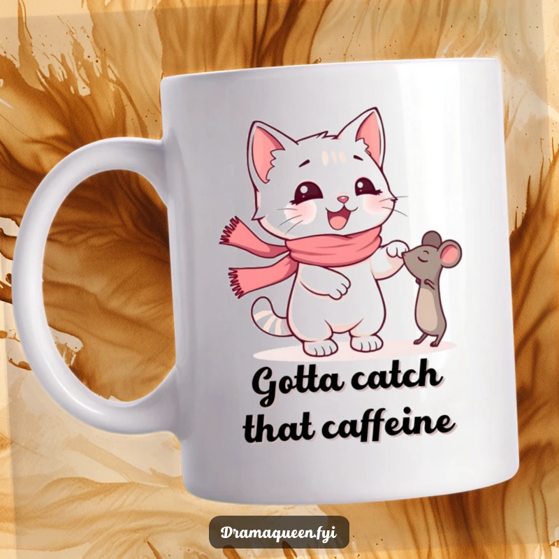 Funny Kitten Mug: Happy kitten in a pink scarf dramatically reaches for a toy mouse, capturing playful feline antics, a great funny gift.