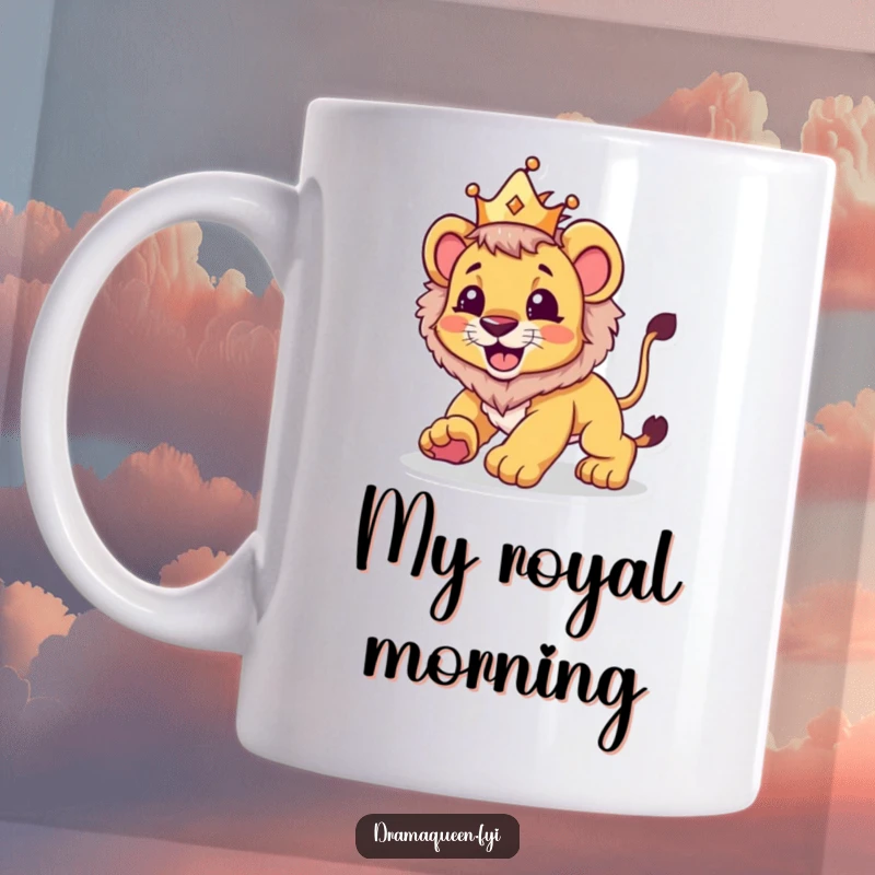 Funny mug featuring a beaming lion cub wearing a small crown, playfully preparing to pounce with energetic spirit.