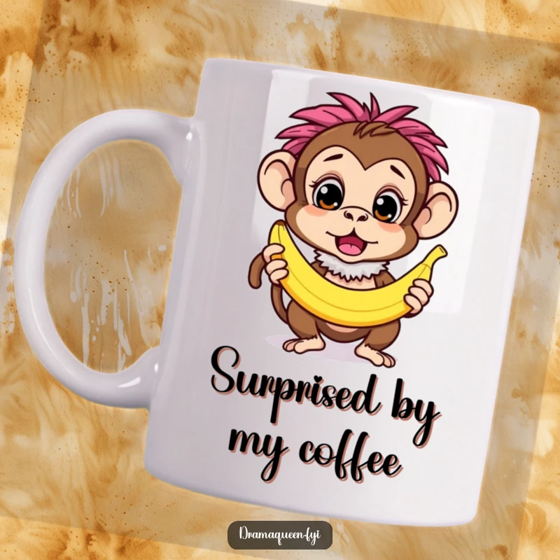 Funny curious monkey character wearing a feathery boa, striking a surprised pose with a banana, quirky, humorous mug.