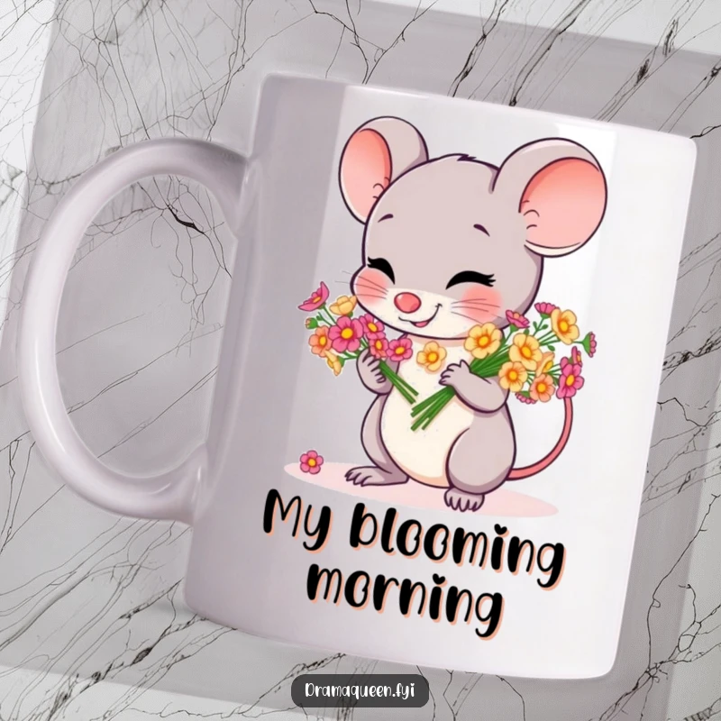 Funny mug featuring a cheerful mouse character gracefully bowing with a lovely bouquet of tiny, colorful flowers.